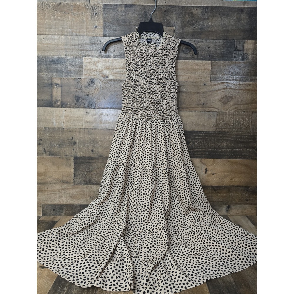 Smocked Tiered Animal Print Maxi Dress Women Small Lightweight Romance Boho Chic